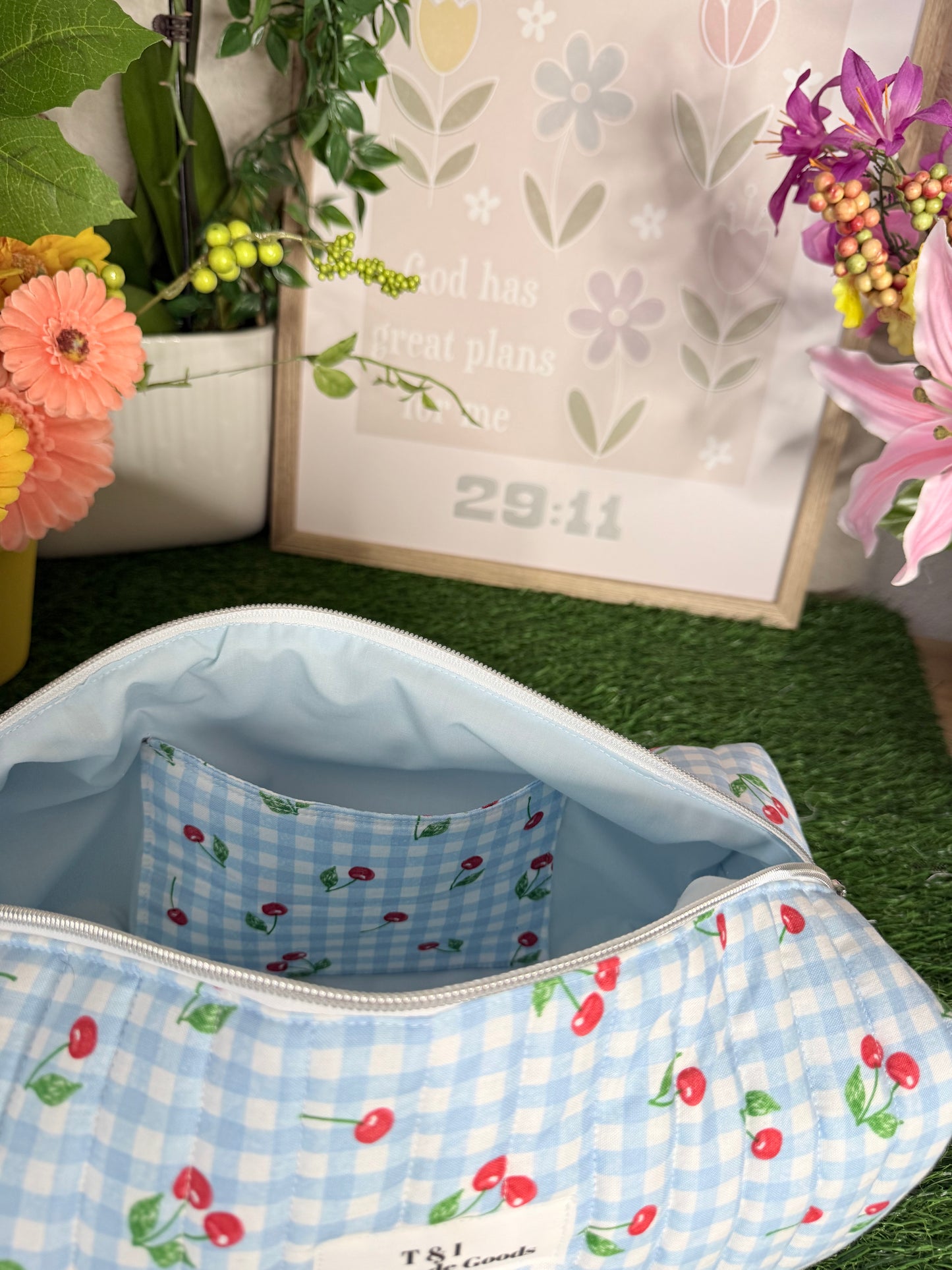 Cherry blue gingham Hair Tools Bag
