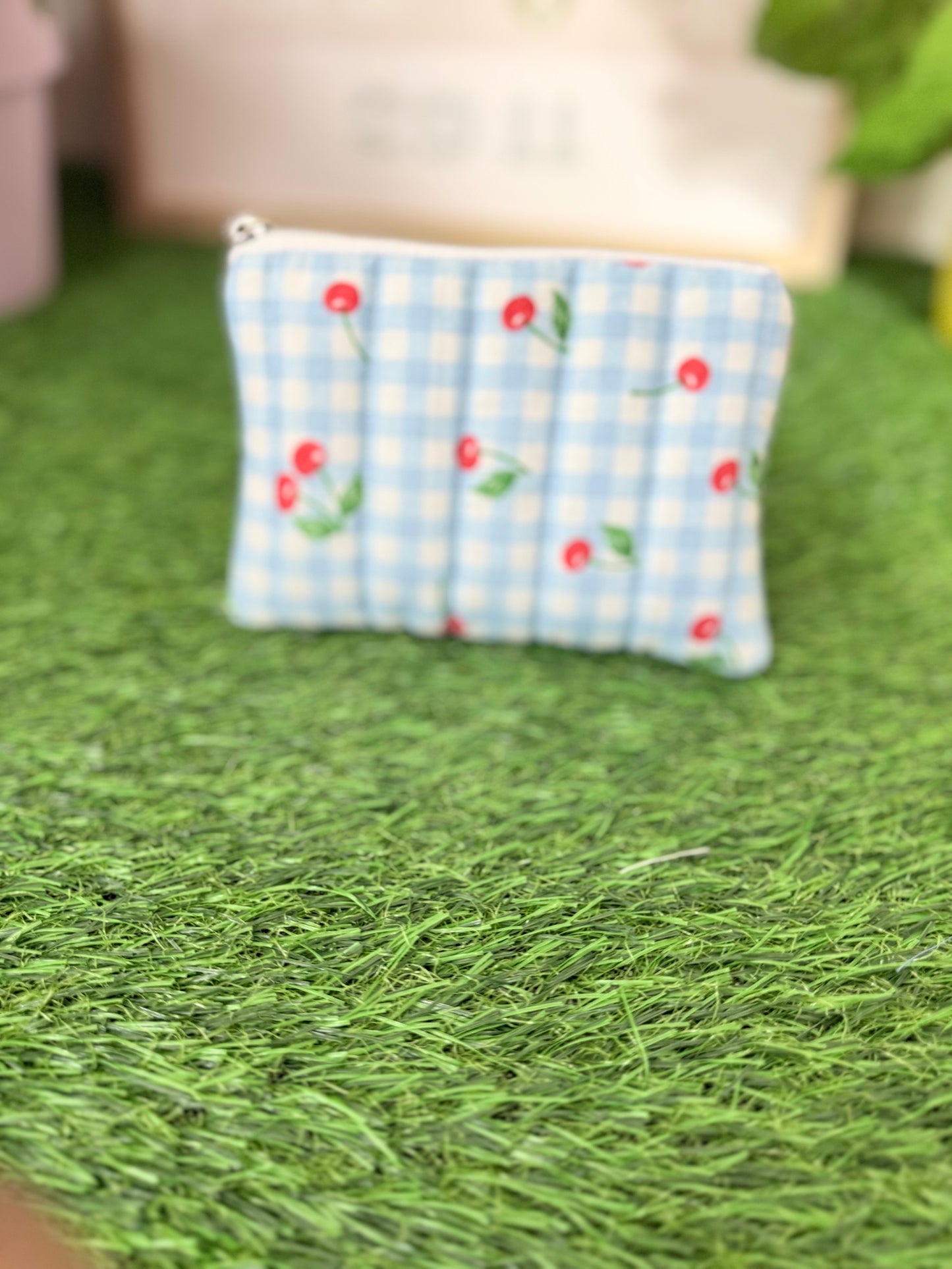 Cherry Blue Gingham Keychain Wallet