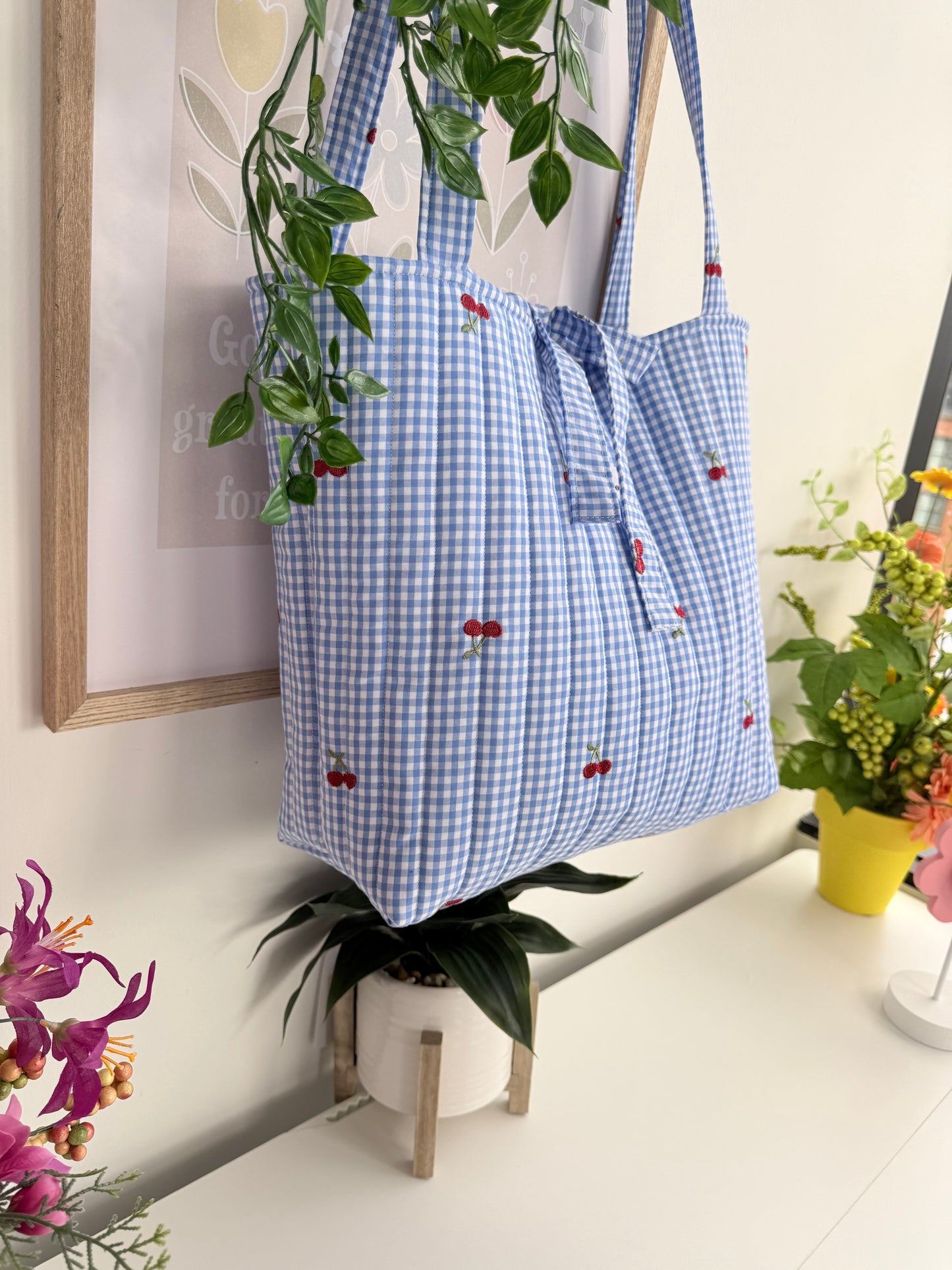 Embroidered Cherry Patch Tote Bag