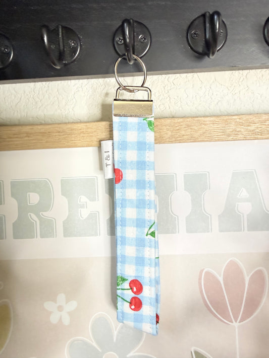 Cherry blue gingham Wristlet Keychain