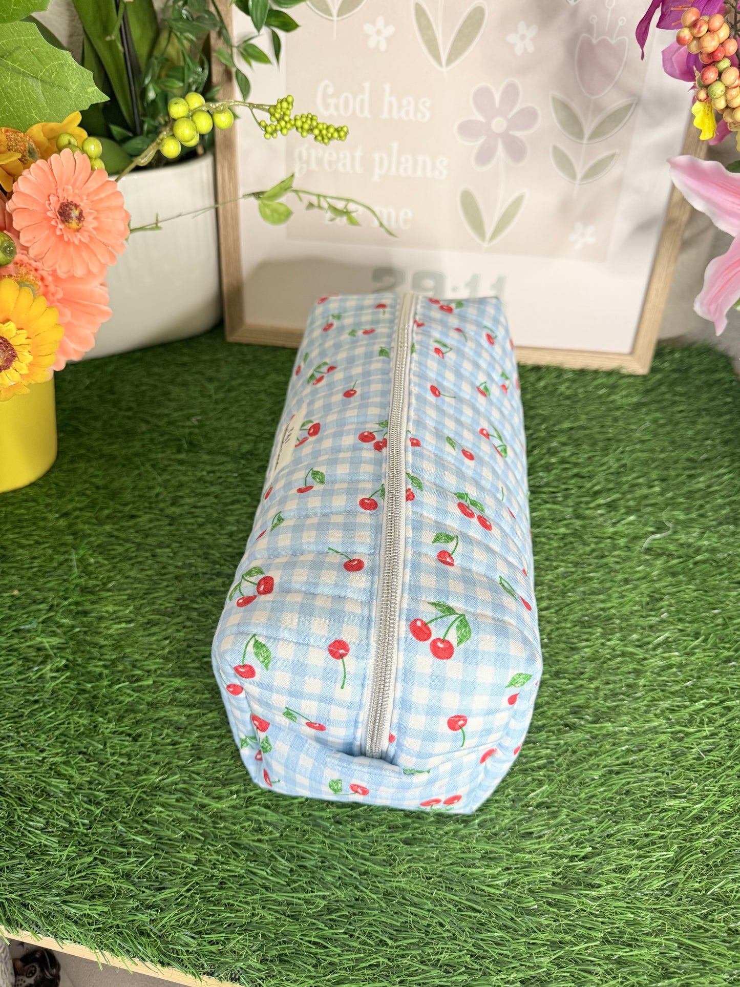 Cherry blue gingham Hair Tools Bag