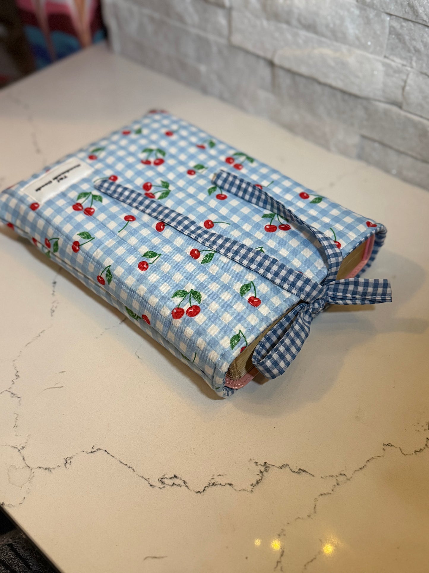 Cherry blue gingham Book Sleeve w/bow