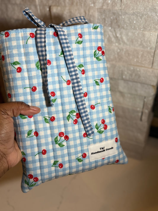 Cherry blue gingham Book Sleeve w/bow