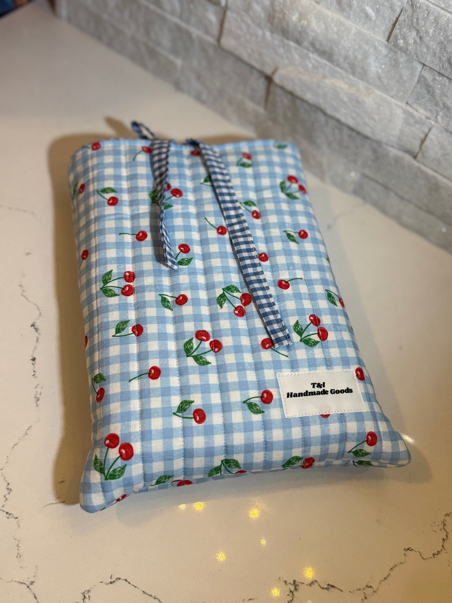 Cherry blue gingham Book Sleeve w/bow