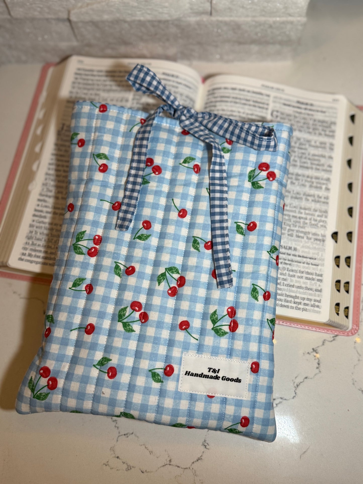 Cherry blue gingham Book Sleeve w/bow