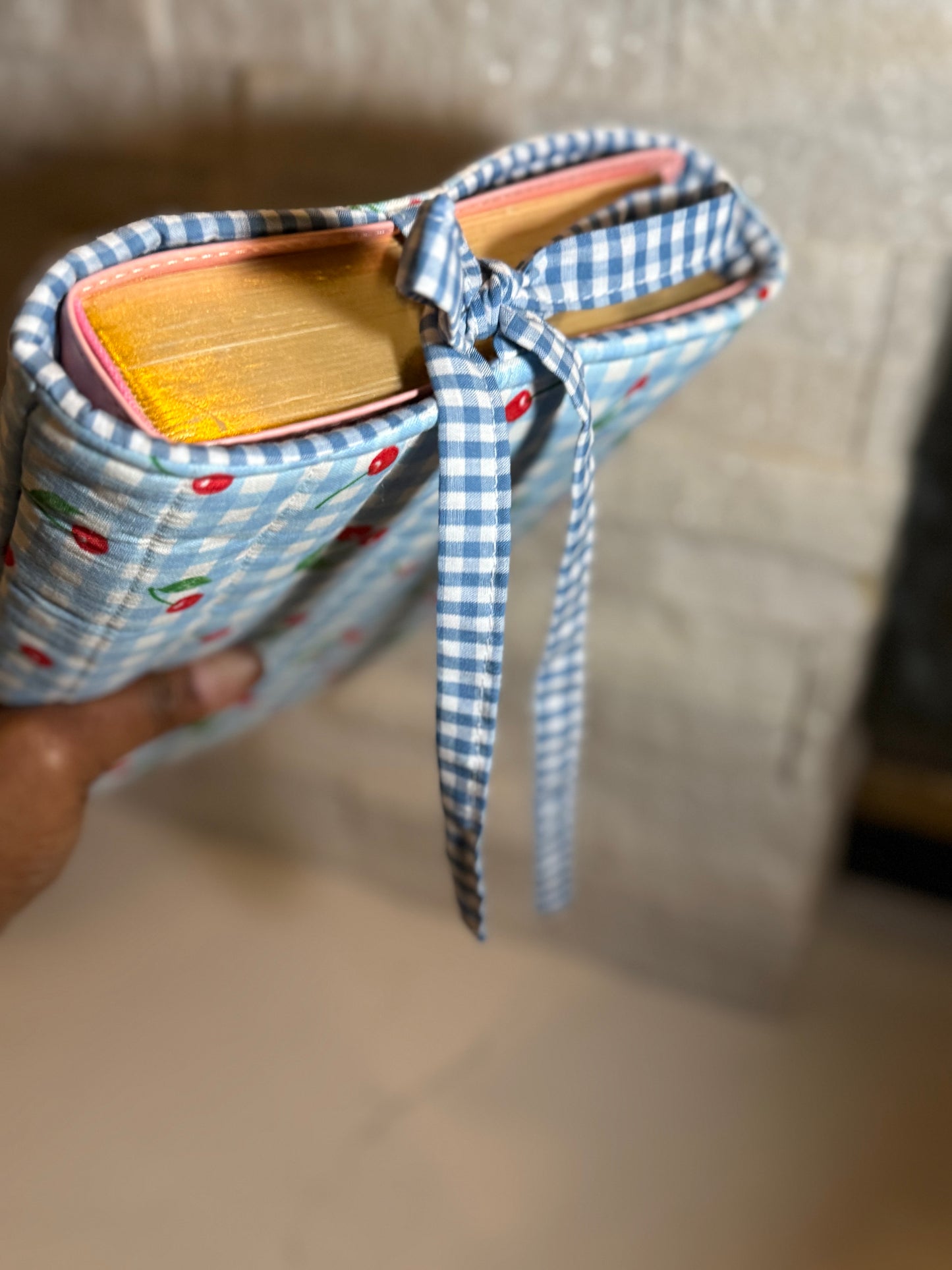 Cherry blue gingham Book Sleeve w/bow