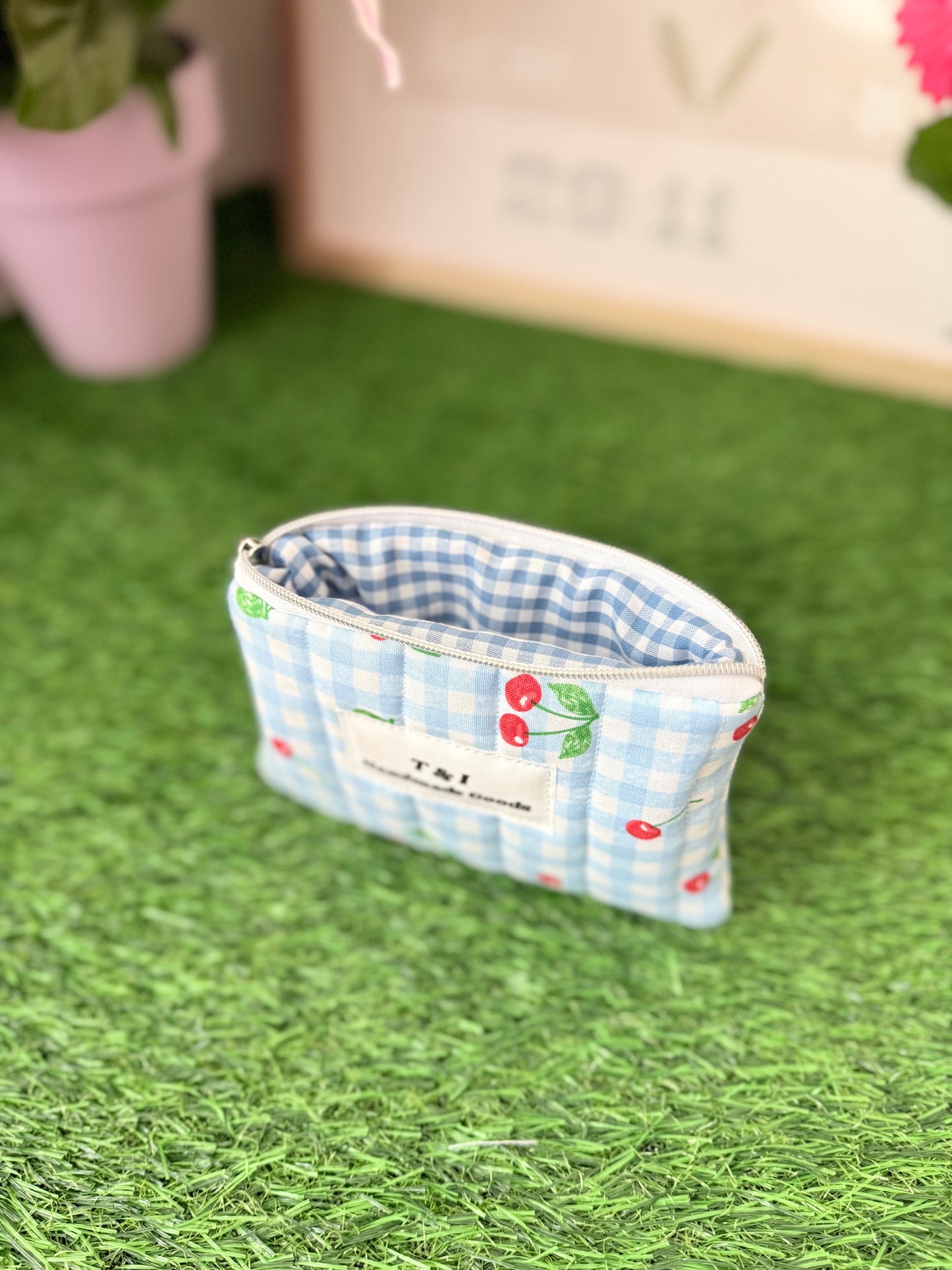 Cherry Blue Gingham Keychain Wallet