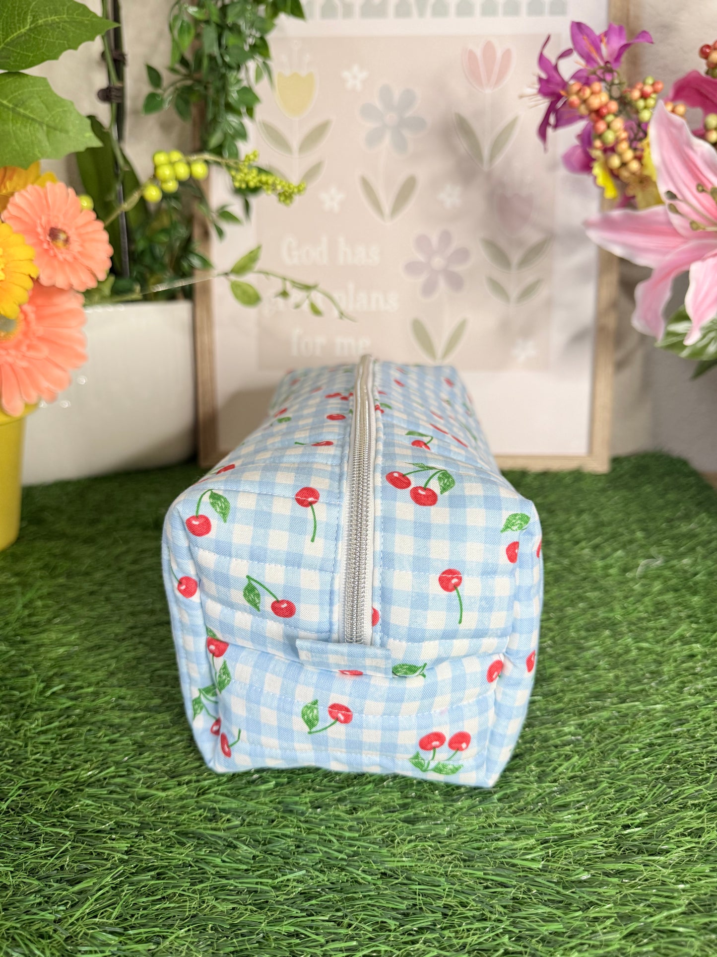 Cherry blue gingham Hair Tools Bag