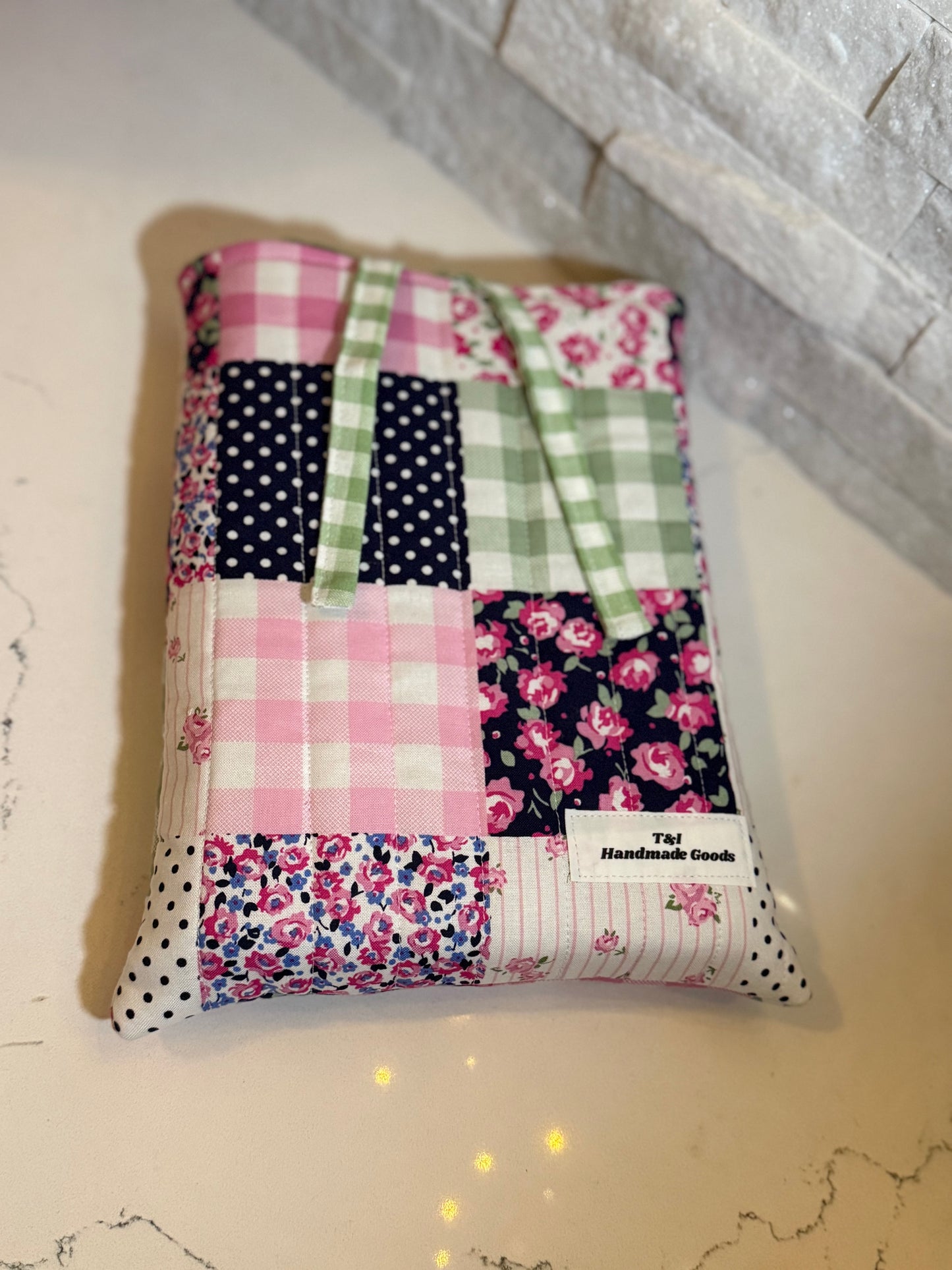 Pink Floral patch Book Sleeve w/bow