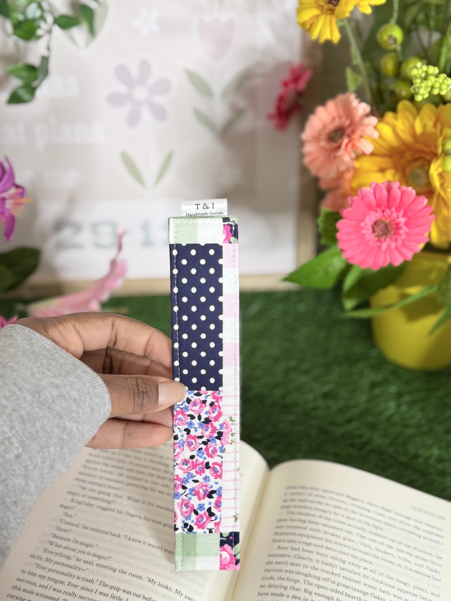 Pink Floral Patch Fabric Bookmark