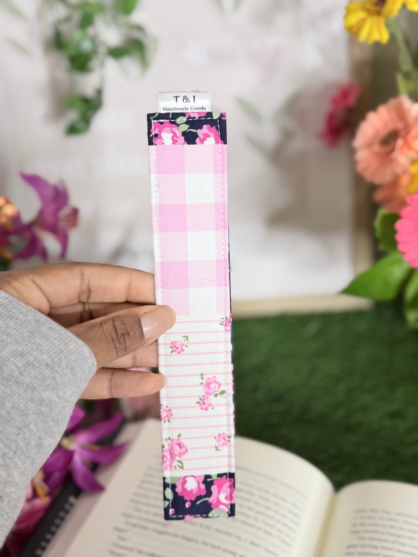 Pink Floral Patch Fabric Bookmark