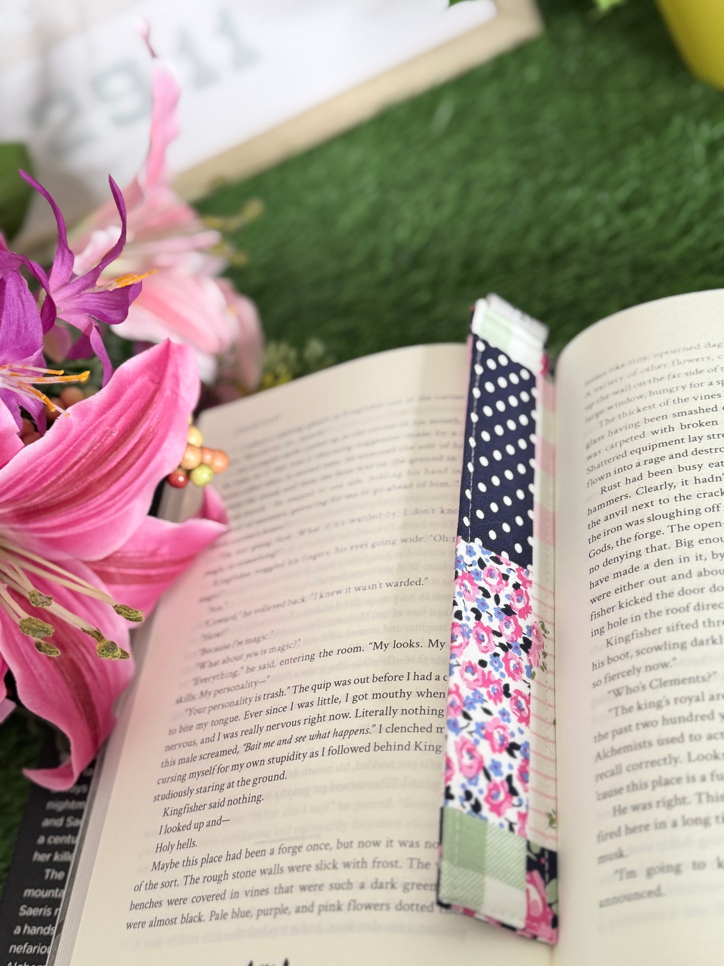 Pink Floral Patch Fabric Bookmark