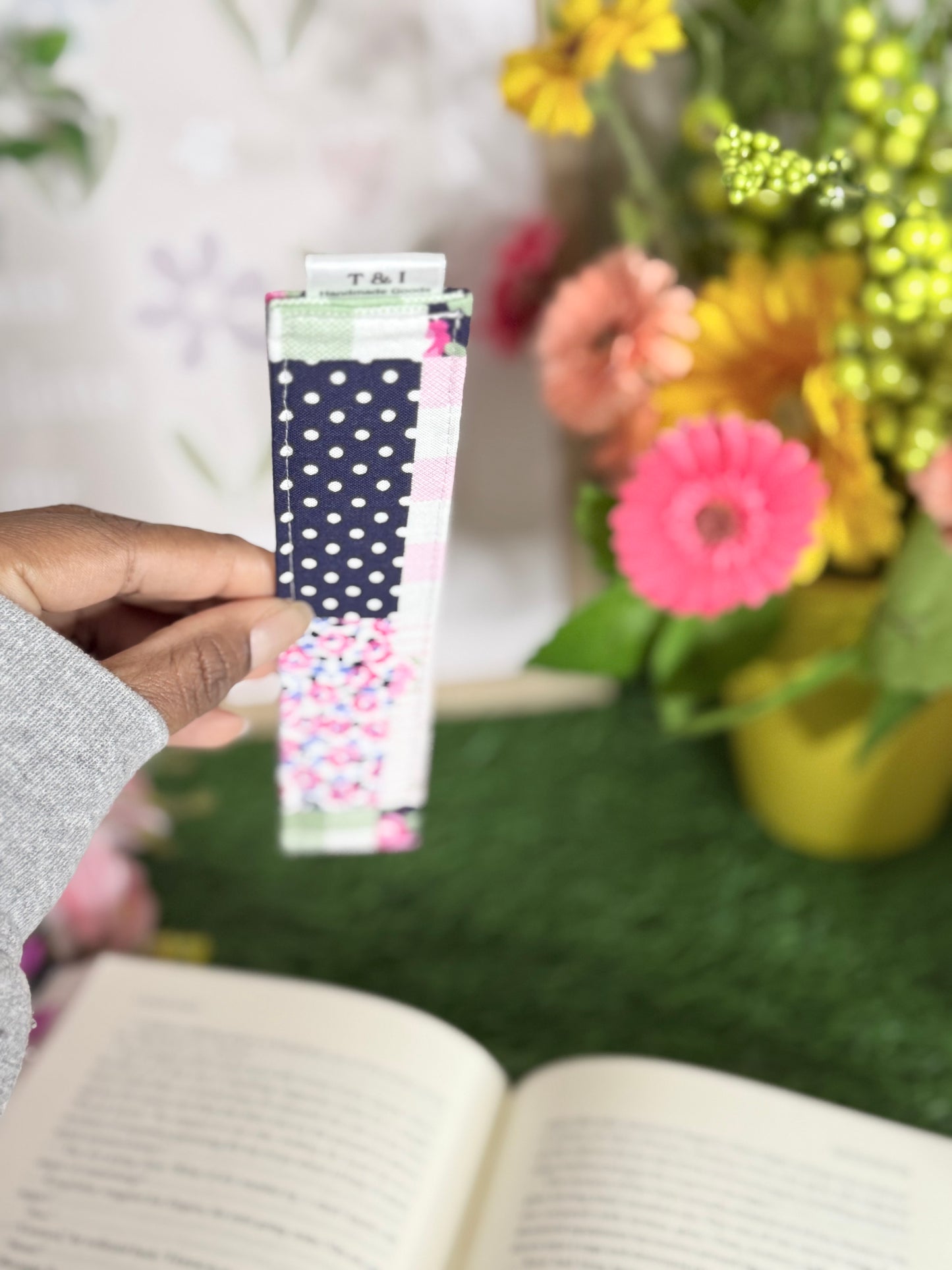 Pink Floral Patch Fabric Bookmark